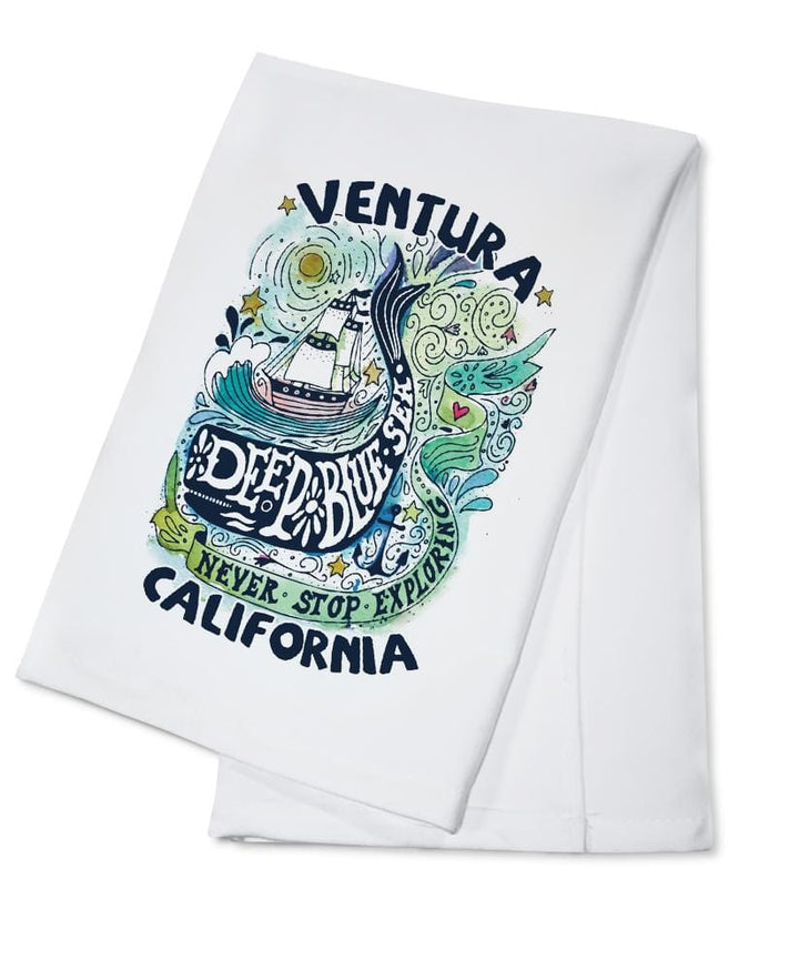 Ventura, California, Watercolor Whale, Deep Blue Sea, Nautical Art, Contour, Organic Cotton Kitchen Tea Towels Kitchen Lantern Press Cotton Towel 