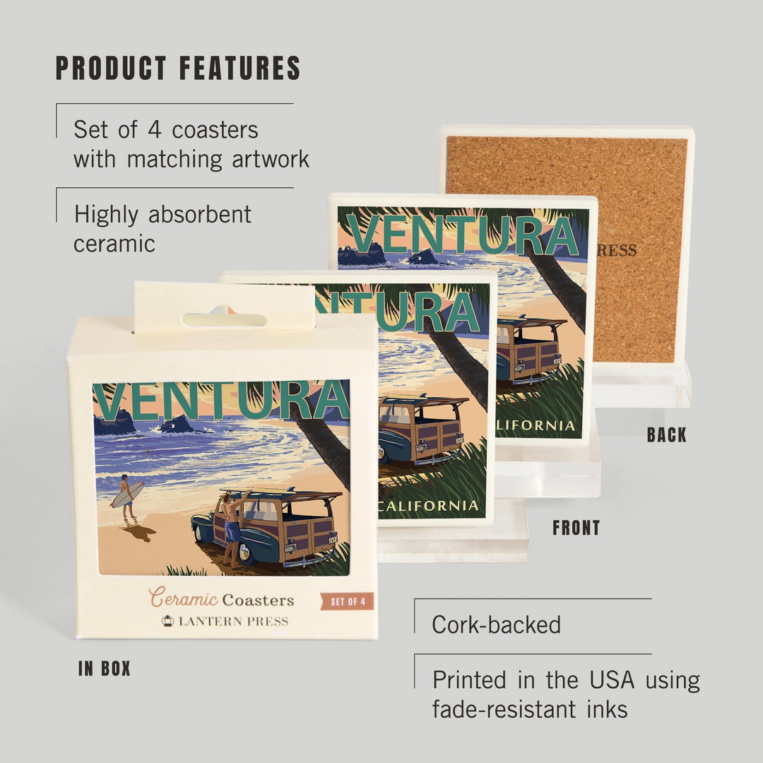 Ventura, California, Woody On The Beach, Lantern Press Artwork, Coaster Set Coasters Lantern Press 