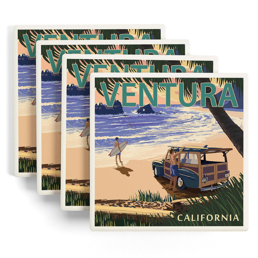 Ventura, California, Woody On The Beach, Lantern Press Artwork, Coaster Set Coasters Lantern Press 