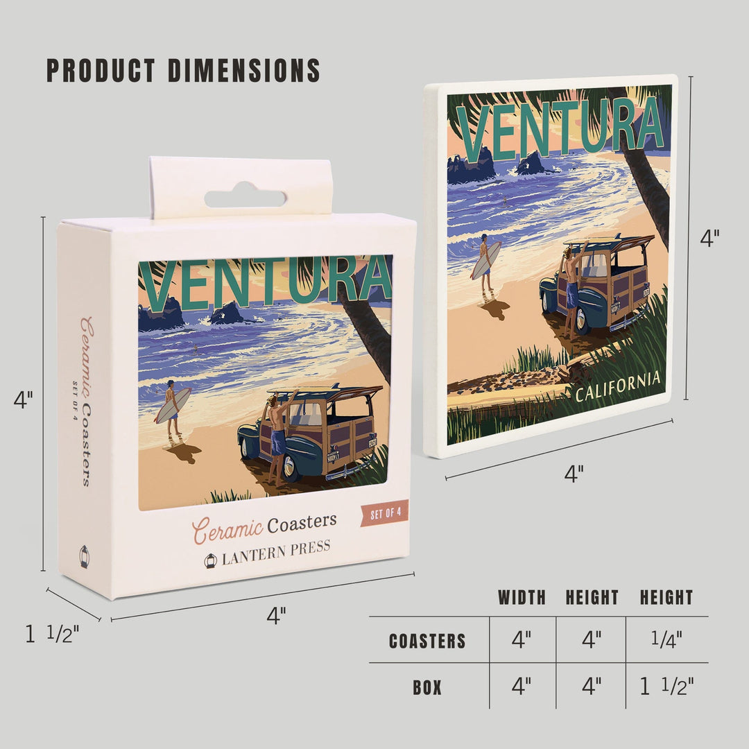 Ventura, California, Woody On The Beach, Lantern Press Artwork, Coaster Set Coasters Lantern Press 