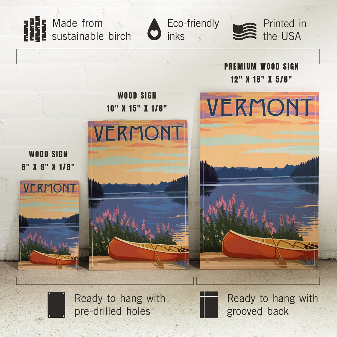 Vermont, Canoe and Lake, Lantern Press Artwork, Wood Signs and Postcards Wood Lantern Press 