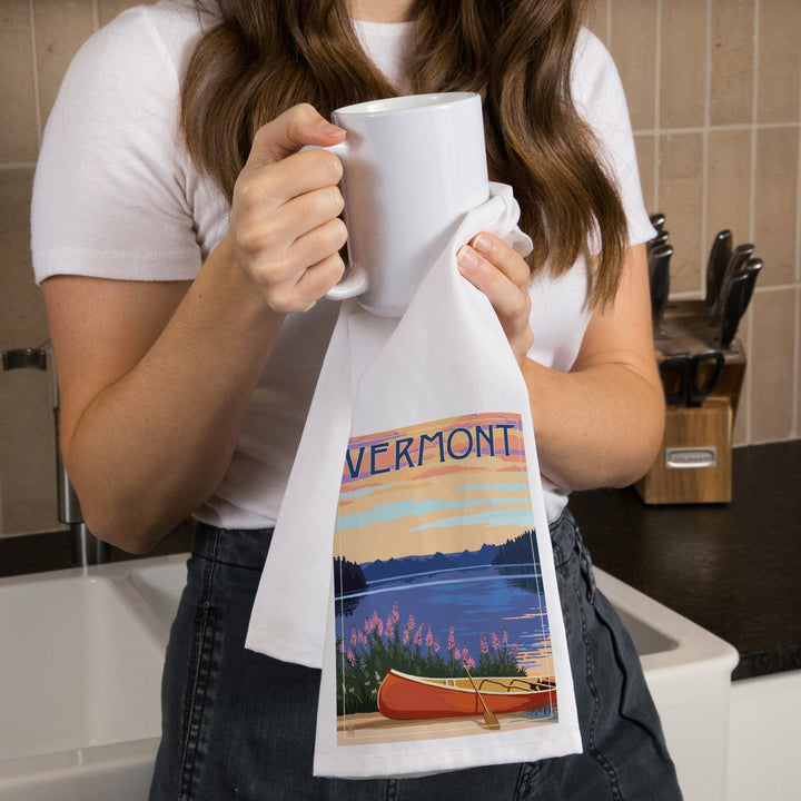 Vermont, Canoe and Lake, Organic Cotton Kitchen Tea Towels Kitchen Lantern Press 