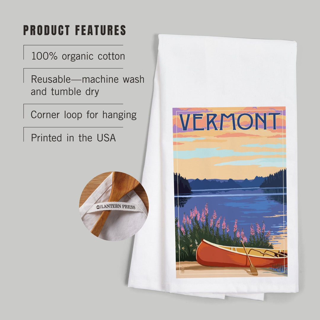 Vermont, Canoe and Lake, Organic Cotton Kitchen Tea Towels Kitchen Lantern Press 