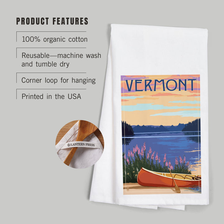 Vermont, Canoe and Lake, Organic Cotton Kitchen Tea Towels Kitchen Lantern Press 