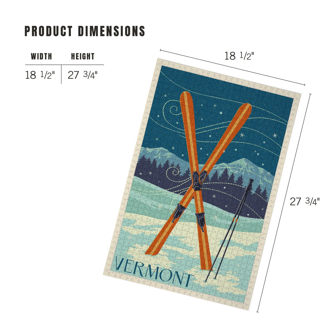 Vermont, Crossed Skis, Letterpress, Jigsaw Puzzle Puzzle Lantern Press 