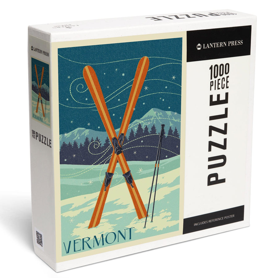 Vermont, Crossed Skis, Letterpress, Jigsaw Puzzle Puzzle Lantern Press 