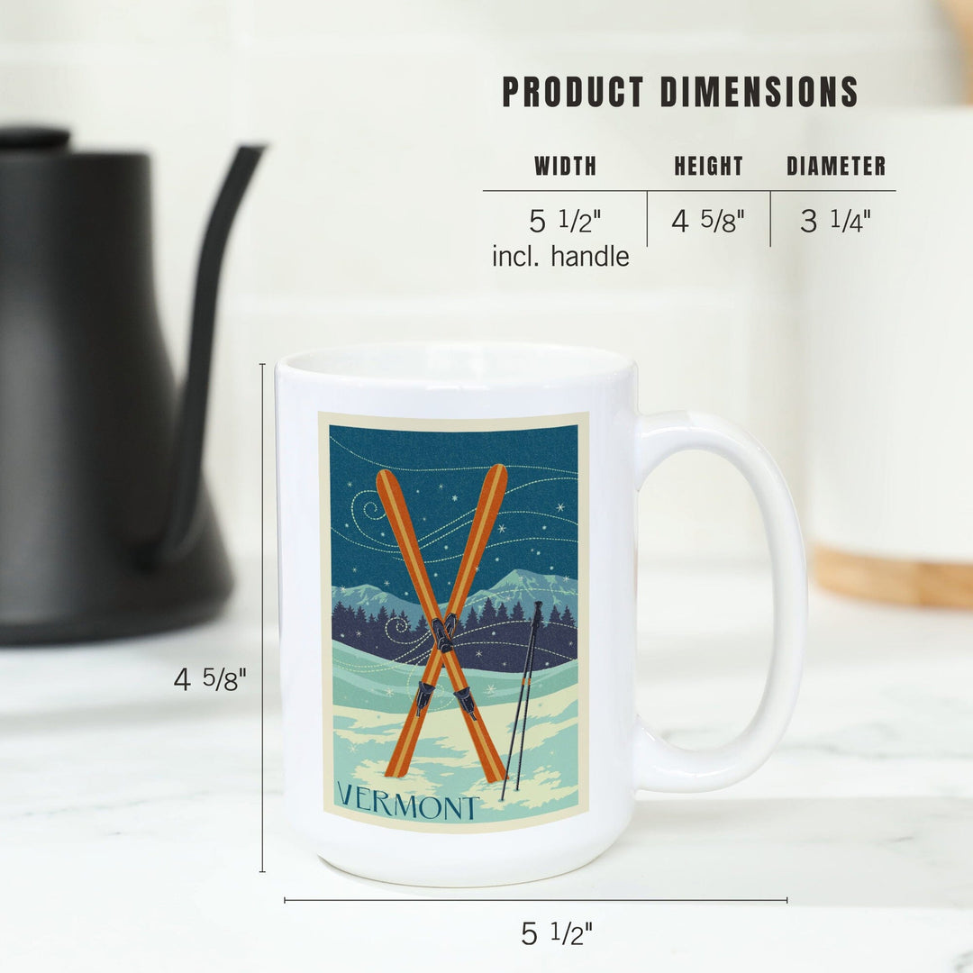 Vermont, Crossed Skis, Letterpress, Lantern Press Artwork, Ceramic Mug Mugs Lantern Press 