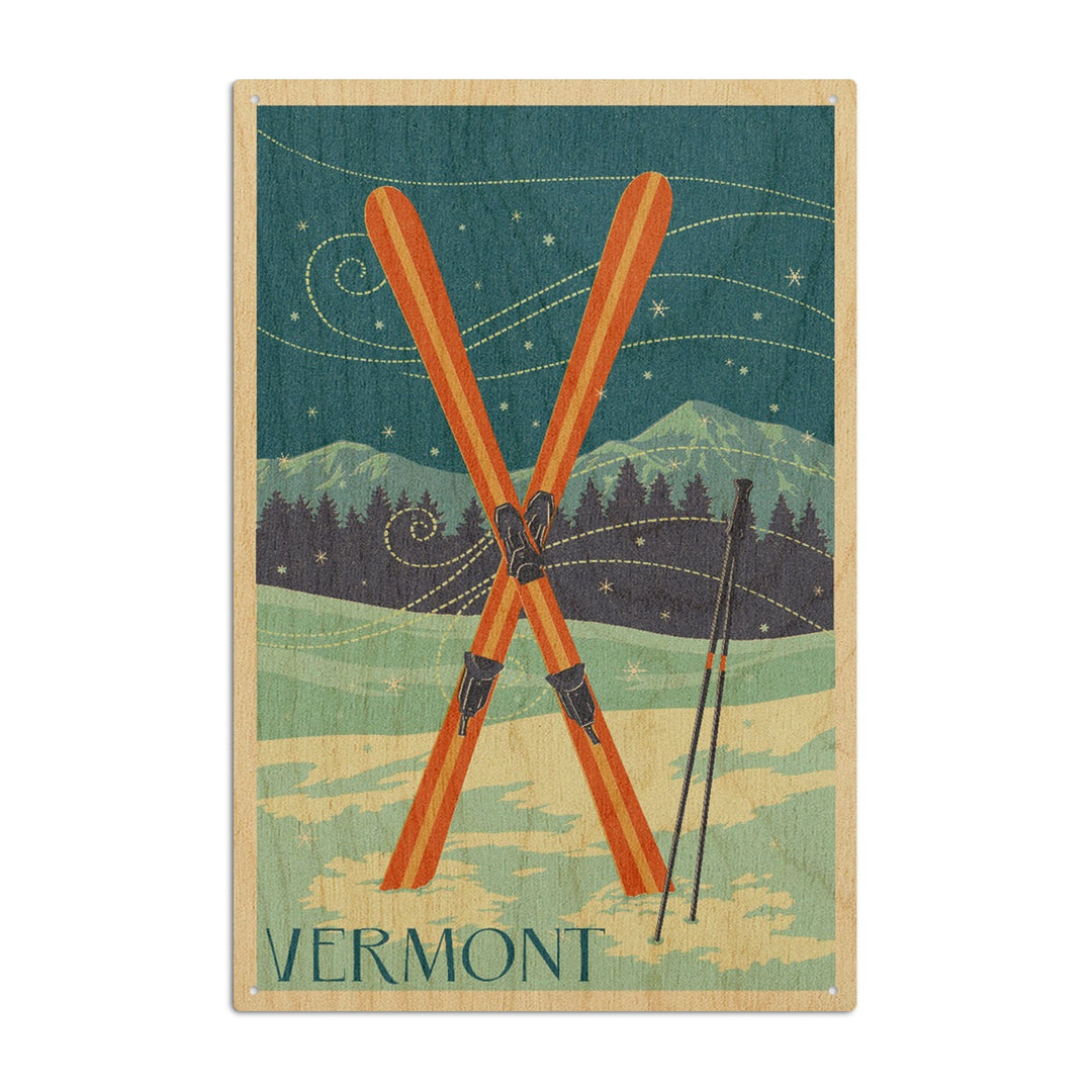 Vermont, Crossed Skis, Letterpress, Lantern Press Artwork, Wood Signs and Postcards Wood Lantern Press 10 x 15 Wood Sign 