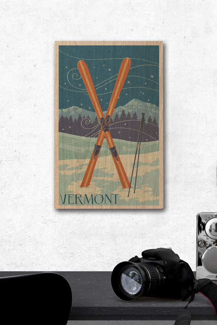 Vermont, Crossed Skis, Letterpress, Lantern Press Artwork, Wood Signs and Postcards Wood Lantern Press 12 x 18 Wood Gallery Print 