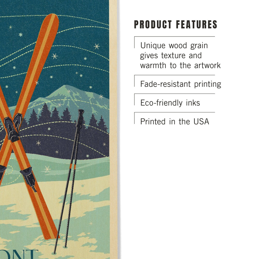 Vermont, Crossed Skis, Letterpress, Lantern Press Artwork, Wood Signs and Postcards Wood Lantern Press 
