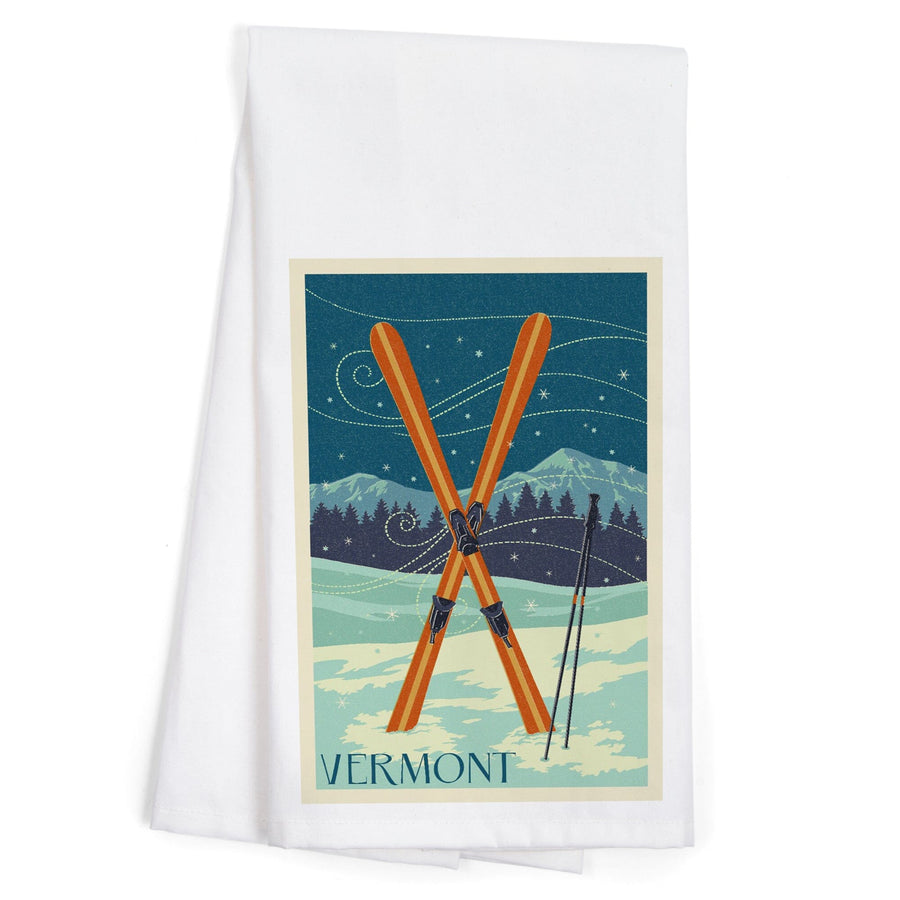 Vermont, Crossed Skis, Letterpress, Organic Cotton Kitchen Tea Towels Kitchen Lantern Press 