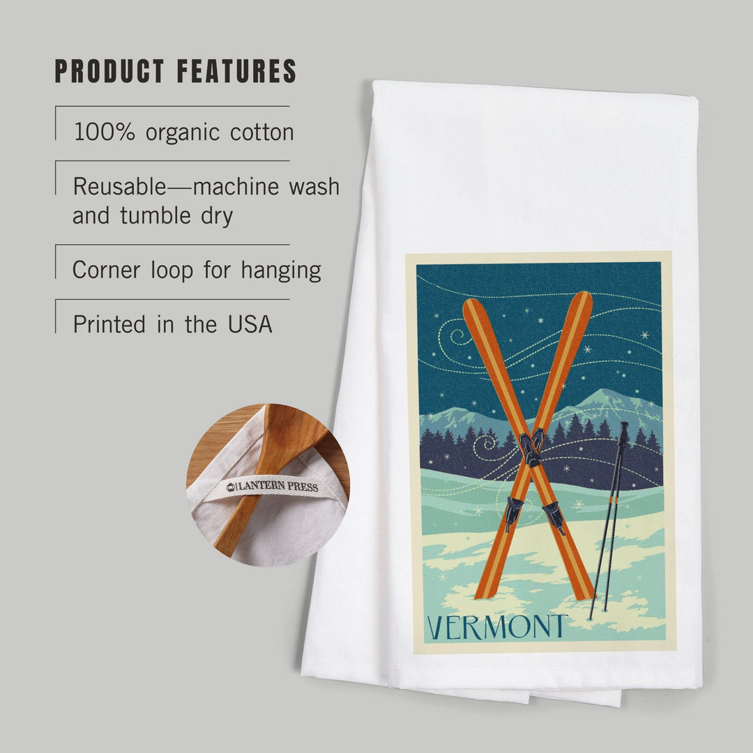 Vermont, Crossed Skis, Letterpress, Organic Cotton Kitchen Tea Towels Kitchen Lantern Press 