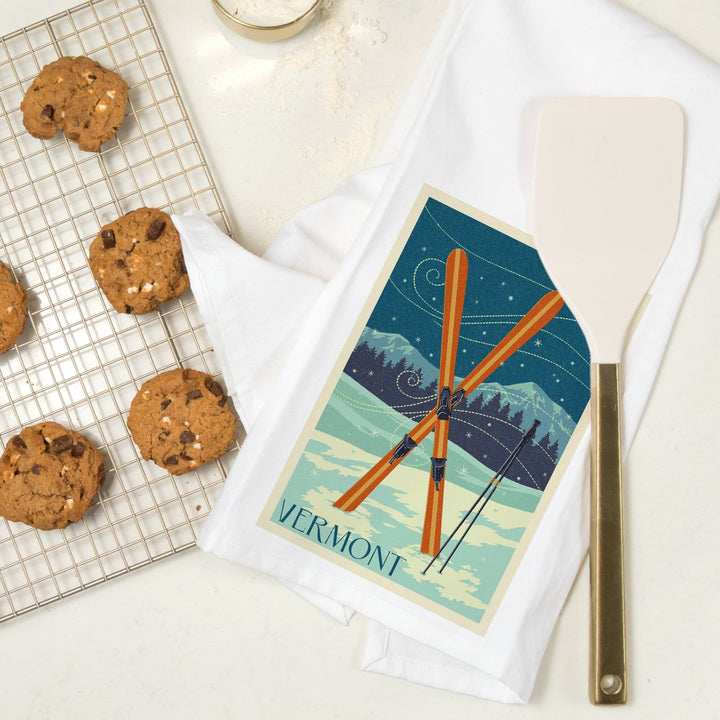 Vermont, Crossed Skis, Letterpress, Organic Cotton Kitchen Tea Towels Kitchen Lantern Press 
