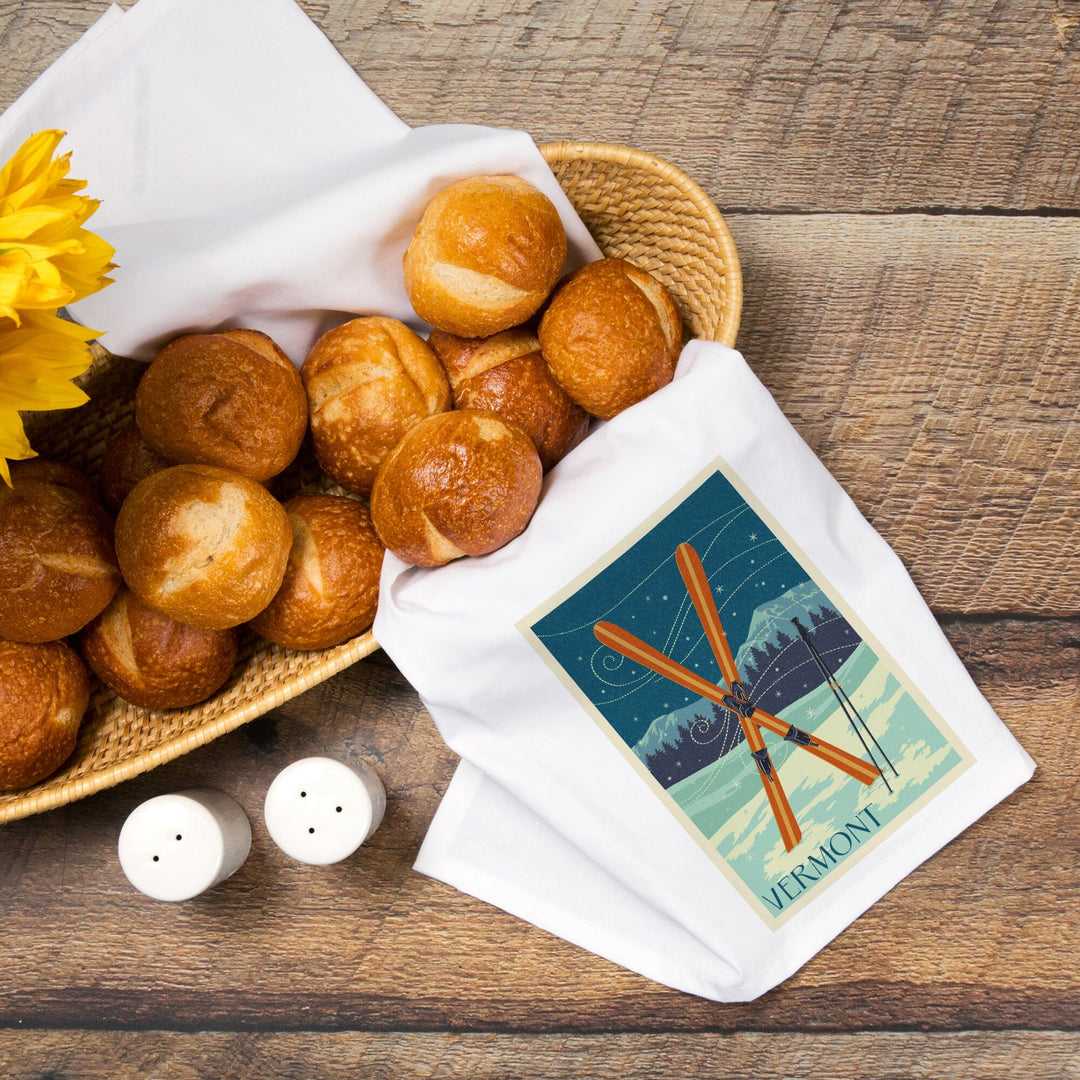 Vermont, Crossed Skis, Letterpress, Organic Cotton Kitchen Tea Towels Kitchen Lantern Press 