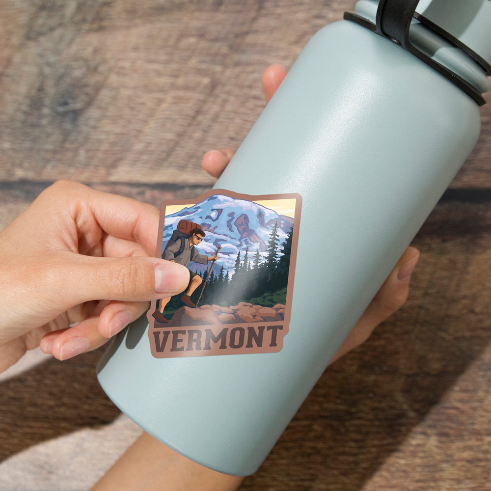 Vermont, Hiker & Mountain Scene, Contour, Lantern Press Artwork, Vinyl Sticker Sticker Lantern Press 