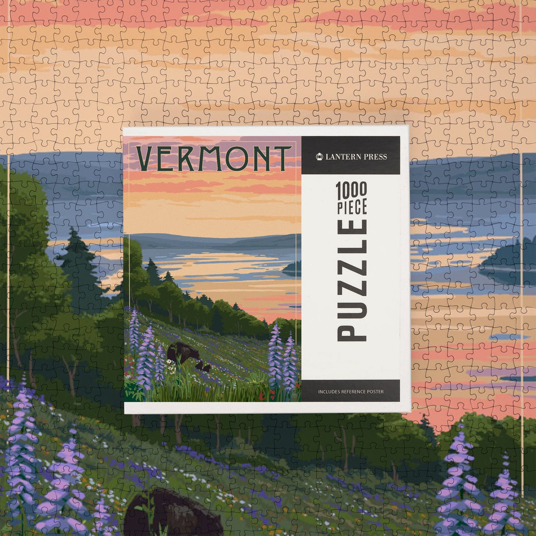 Vermont, Lake and Bear Family, Jigsaw Puzzle Puzzle Lantern Press 