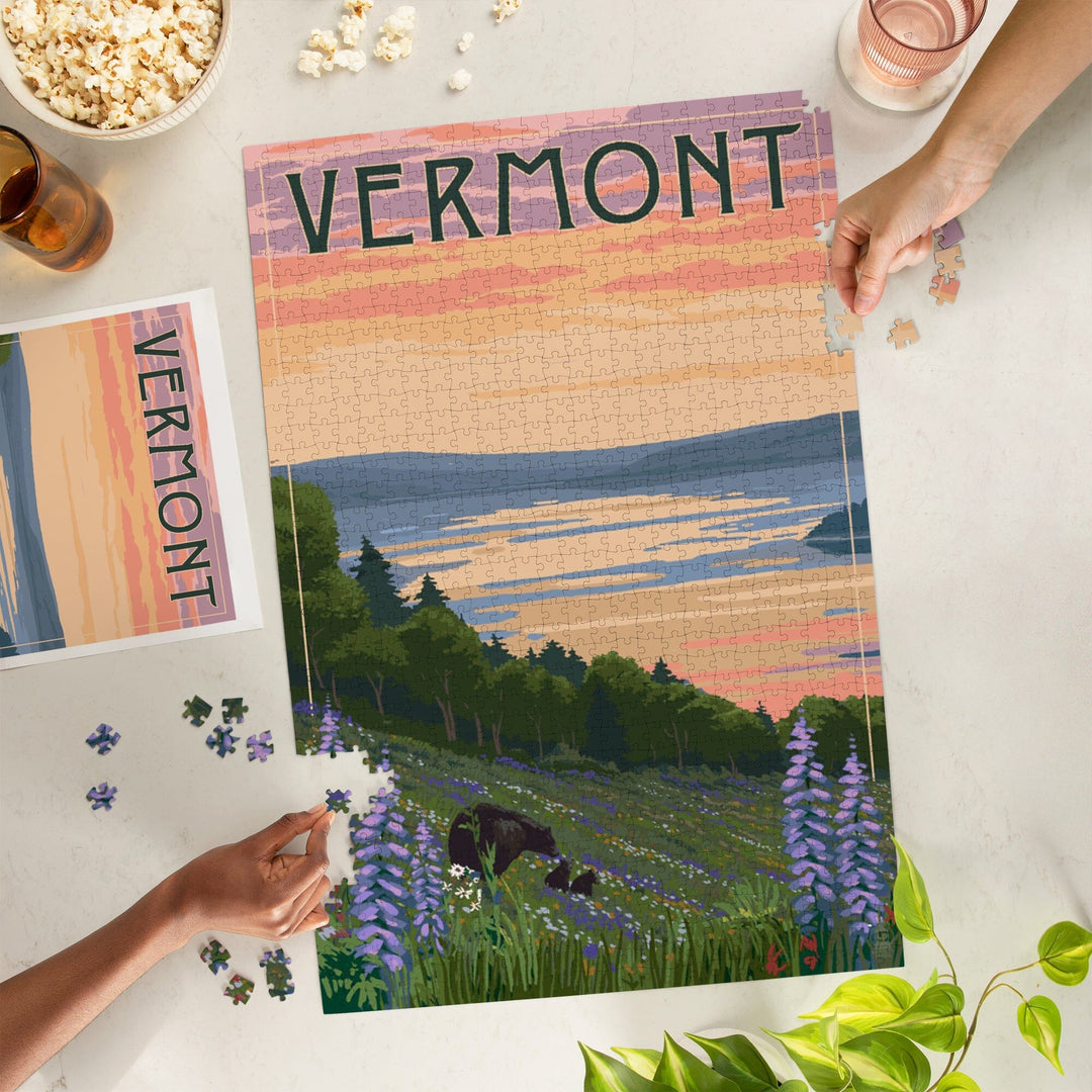 Vermont, Lake and Bear Family, Jigsaw Puzzle Puzzle Lantern Press 