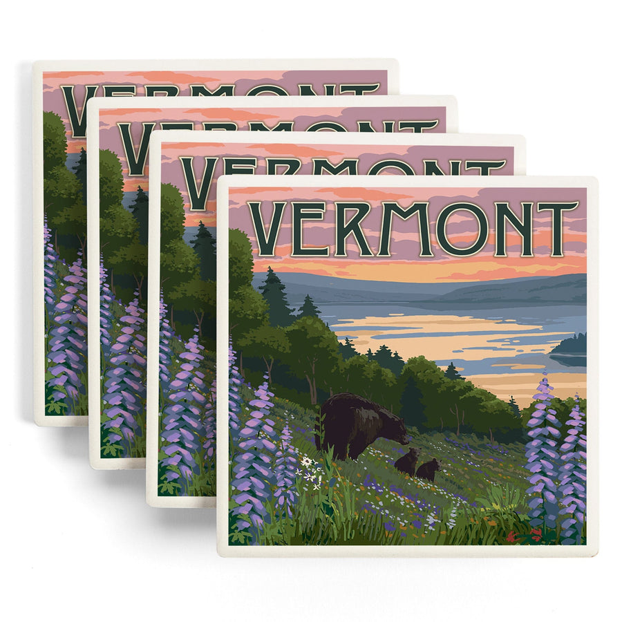 Vermont, Lake & Bear Family, Lantern Press Artwork, Coaster Set Coasters Lantern Press 