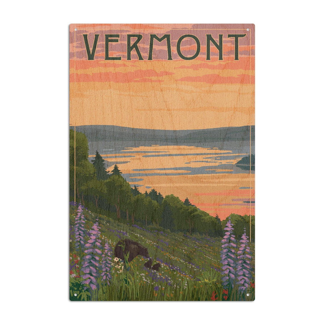 Vermont, Lake & Bear Family, Lantern Press Artwork, Wood Signs and Postcards Wood Lantern Press 6x9 Wood Sign 