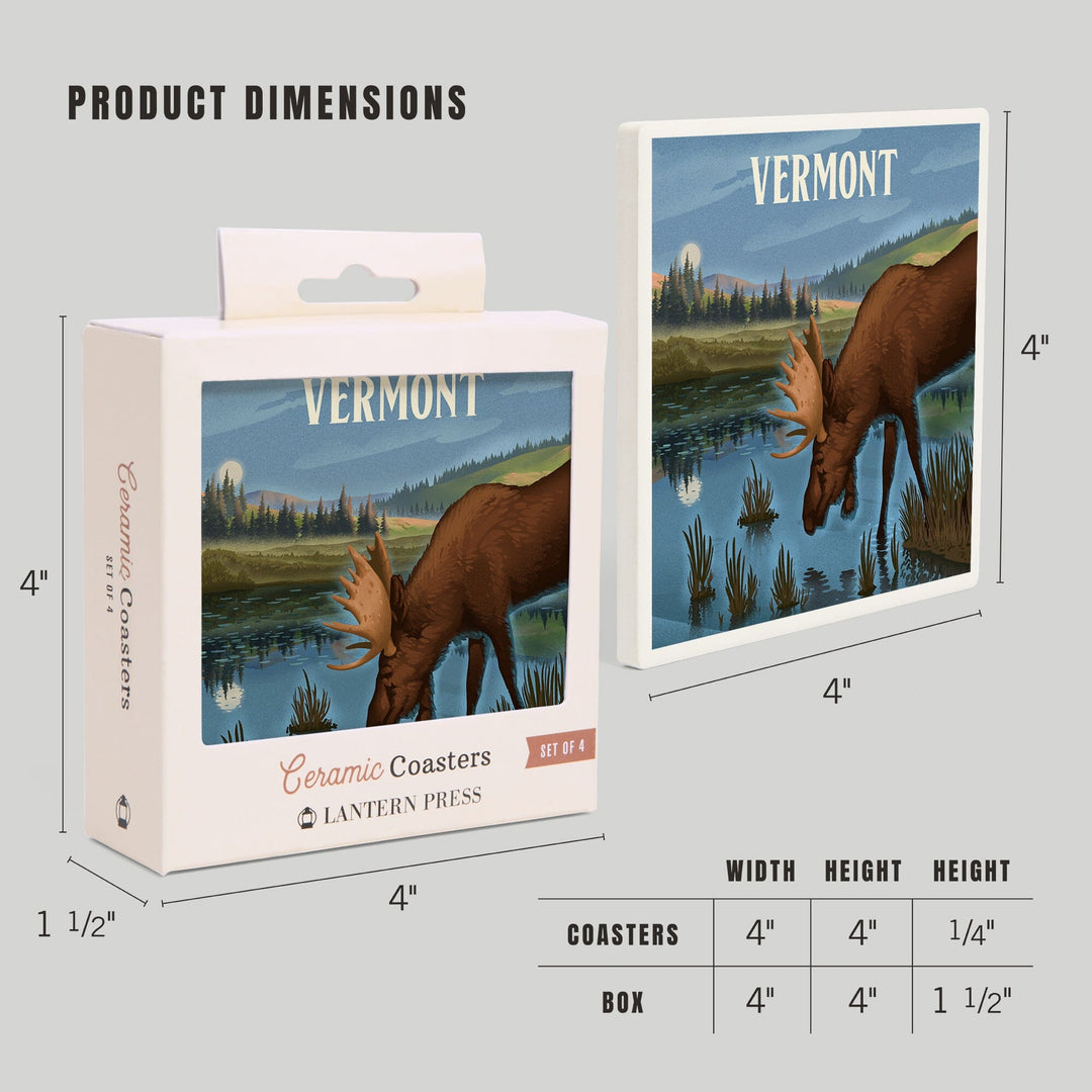 Vermont, Lithograph, Reflection Pond and Bull Moose, Coasters Coasters Lantern Press 