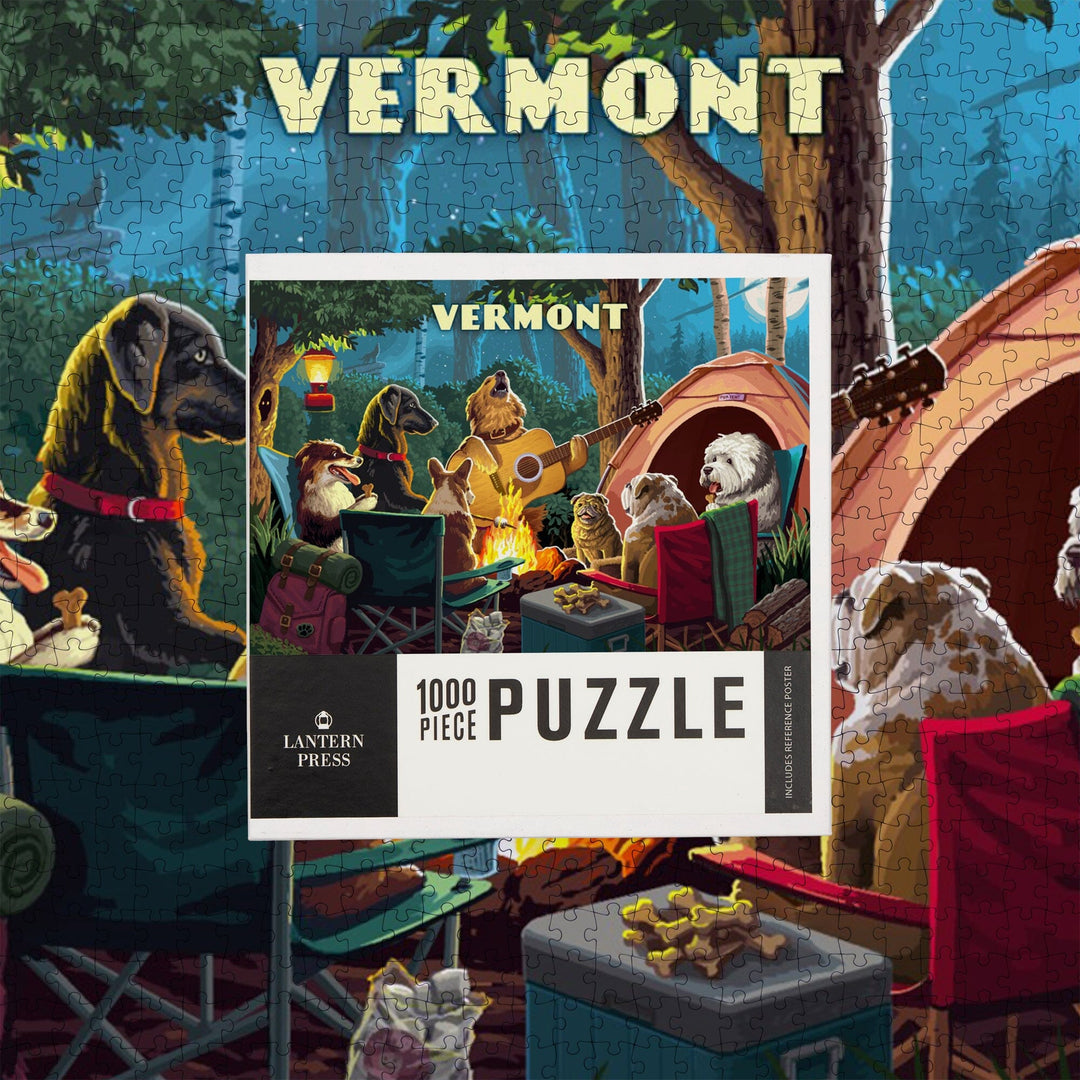 Vermont, Painterly, Pack Life, Dogs Around Campfire, Jigsaw Puzzle Puzzle Lantern Press 