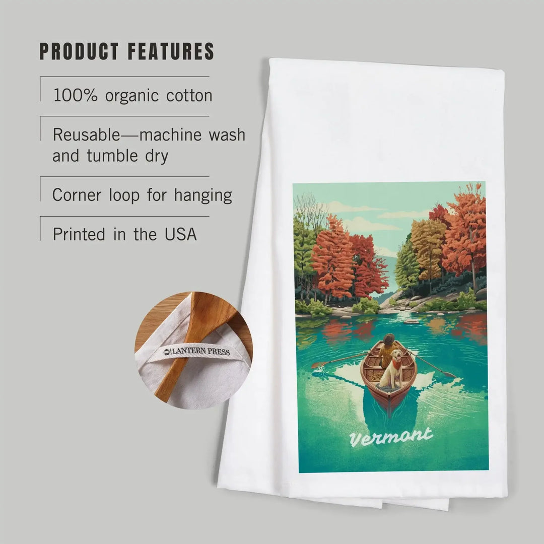 Vermont, Quiet Explorer, Boating, Fall Colors, Organic Cotton Kitchen Tea Towels Kitchen Lantern Press 