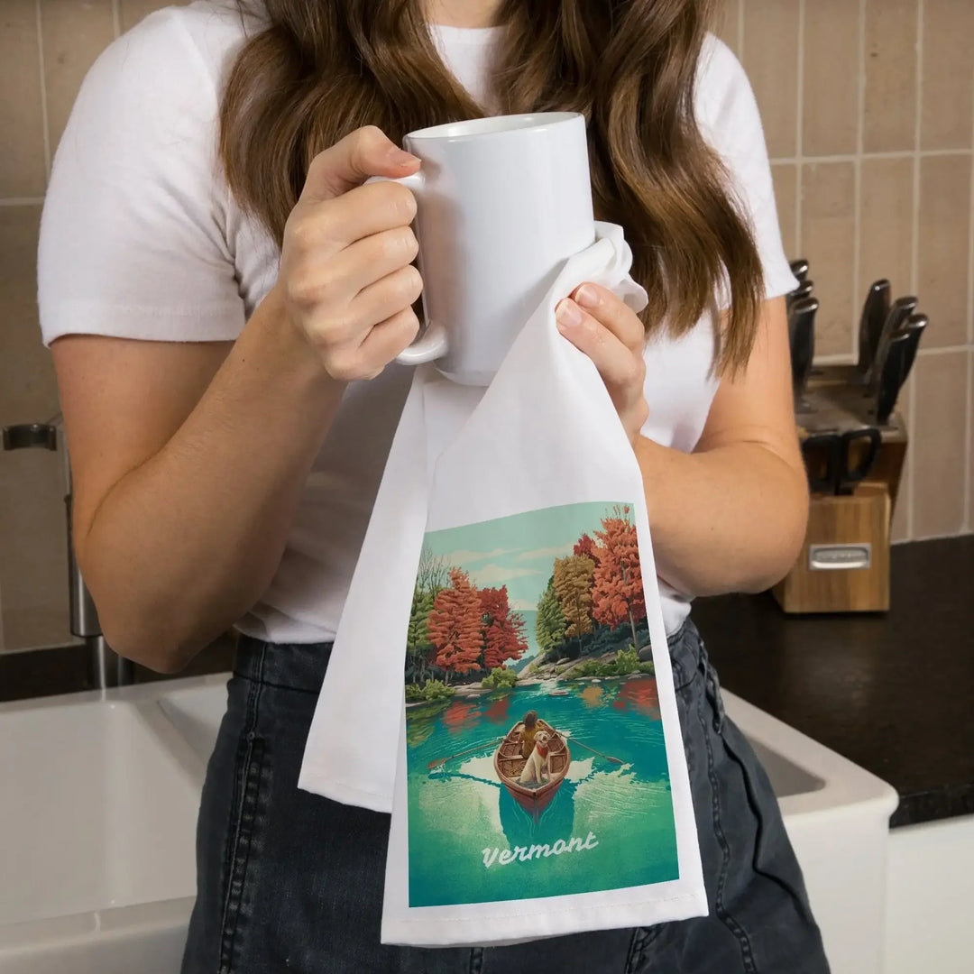 Vermont, Quiet Explorer, Boating, Fall Colors, Organic Cotton Kitchen Tea Towels Kitchen Lantern Press 