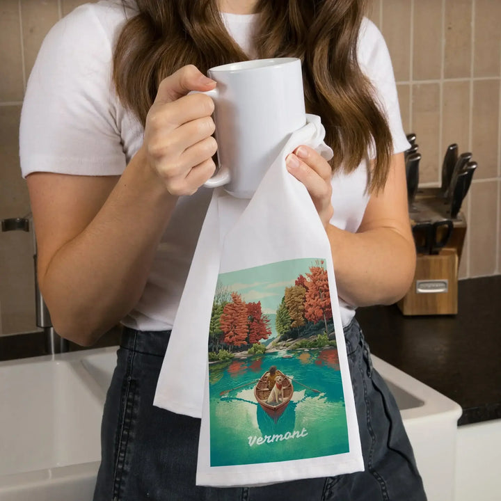 Vermont, Quiet Explorer, Boating, Fall Colors, Organic Cotton Kitchen Tea Towels Kitchen Lantern Press 