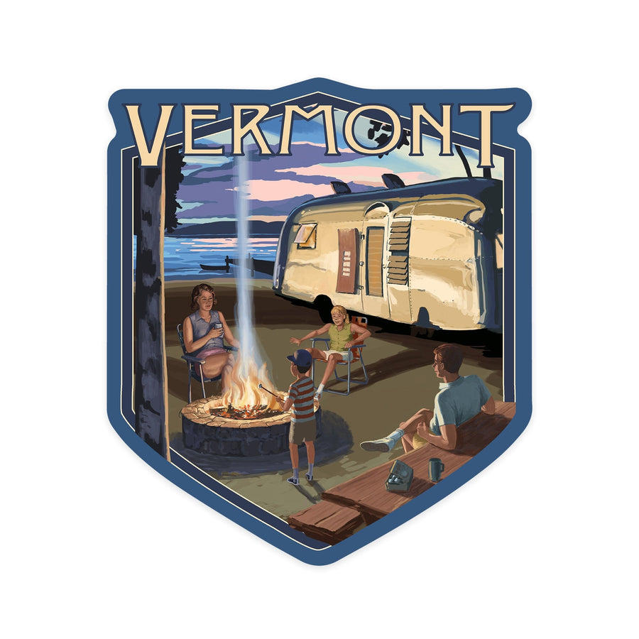 Vermont, Retro Camper and Lake, Contour, Vinyl Sticker Sticker Lantern Press 