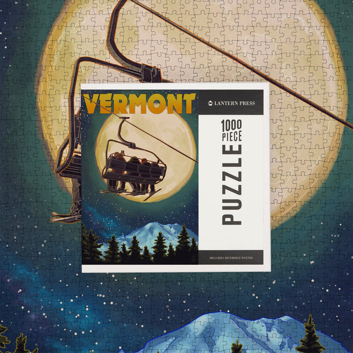 Vermont, Ski Lift and Full Moon, Jigsaw Puzzle Puzzle Lantern Press 