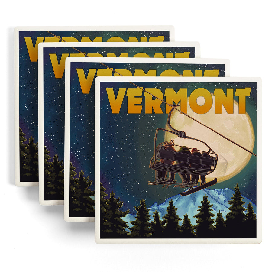 Vermont, Ski Lift & Full Moon, Lantern Press Artwork, Coaster Set Coasters Lantern Press 