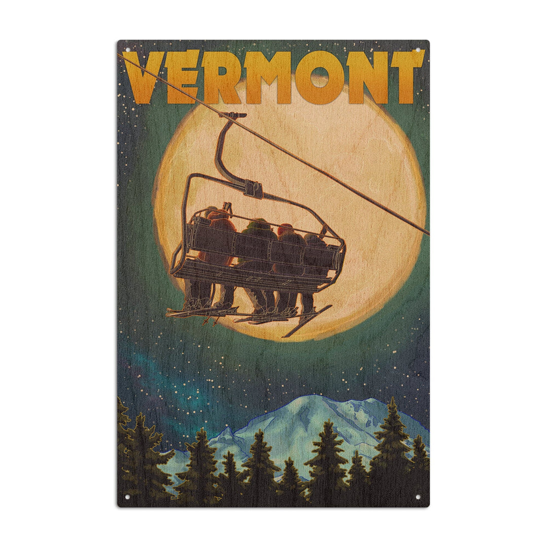 Vermont, Ski Lift & Full Moon, Lantern Press Artwork, Wood Signs and Postcards Wood Lantern Press 10 x 15 Wood Sign 