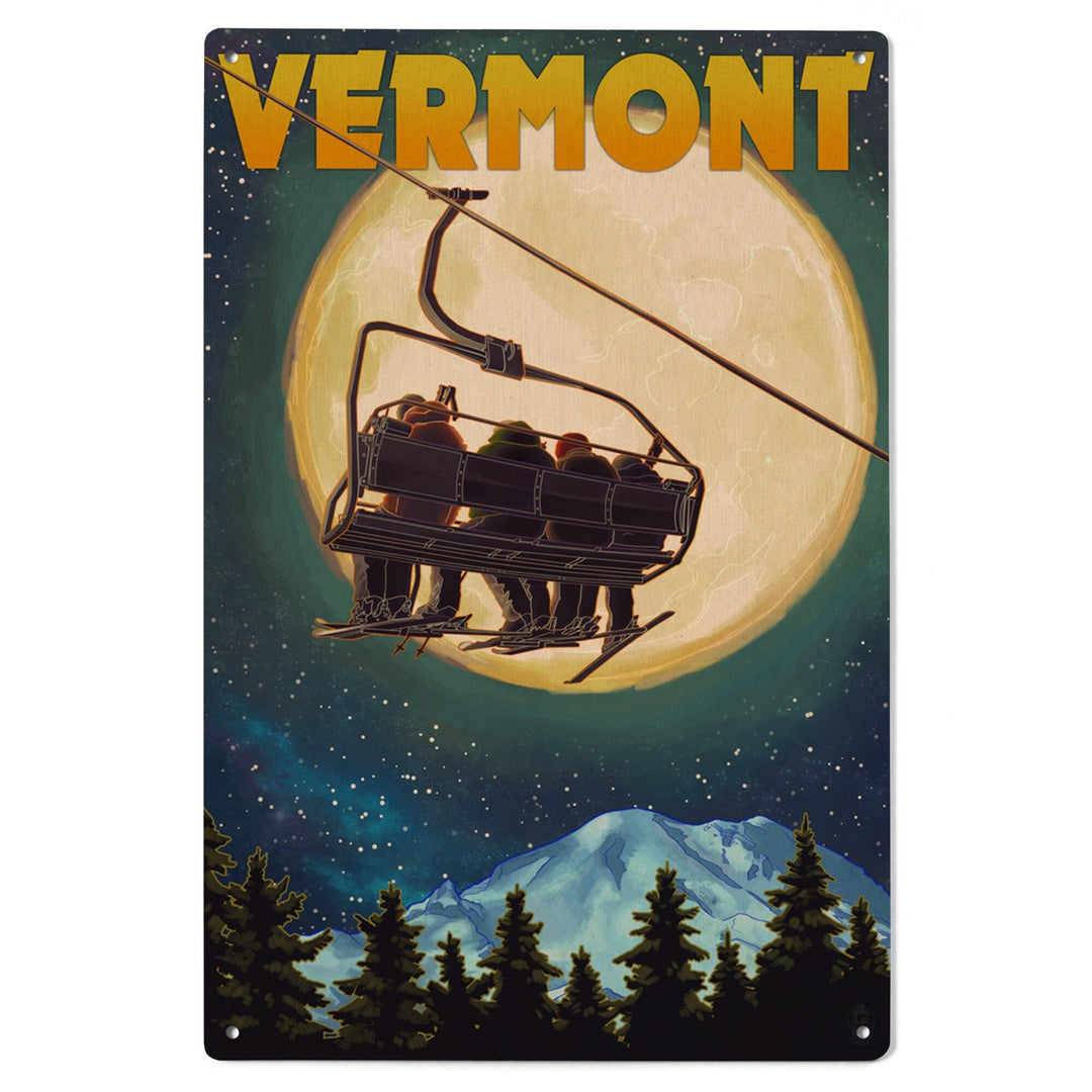 Vermont, Ski Lift & Full Moon, Lantern Press Artwork, Wood Signs and Postcards Wood Lantern Press 