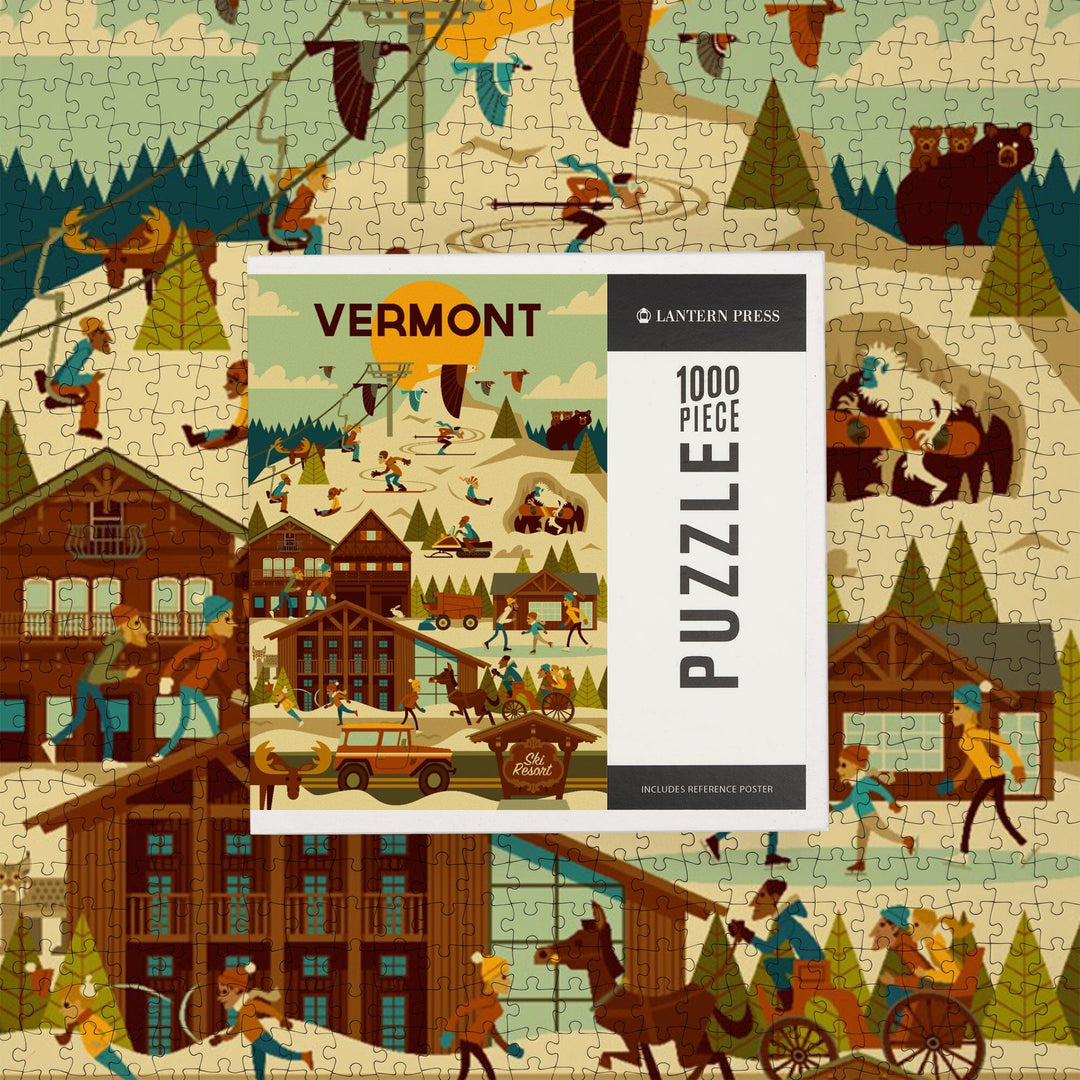 Vermont, Ski Resort, Geometric, Jigsaw Puzzle Puzzle Lantern Press 