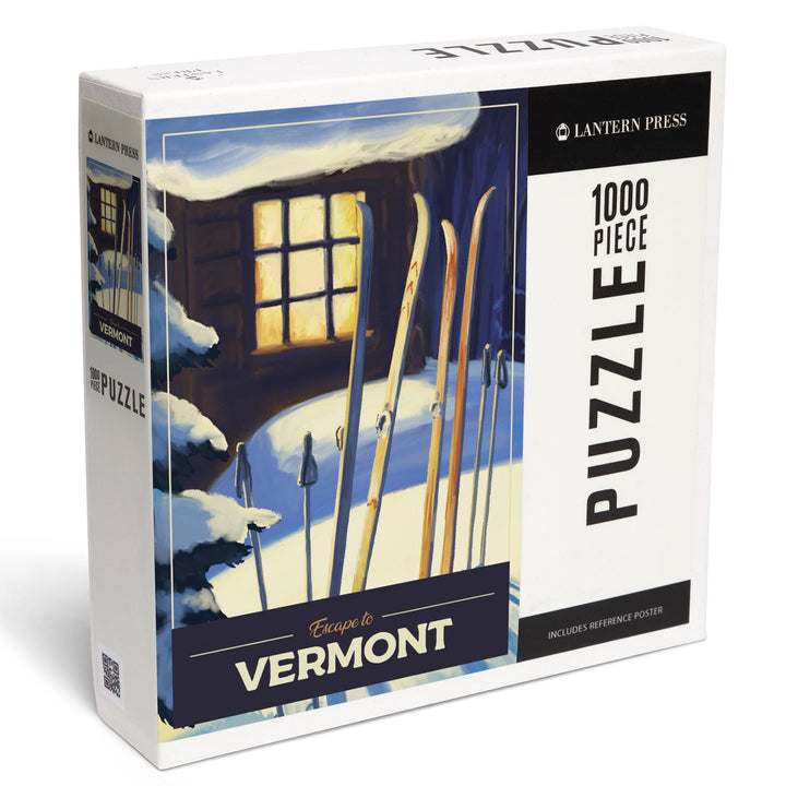 Vermont, Skis Outside Cabin, Jigsaw Puzzle Puzzle Lantern Press 