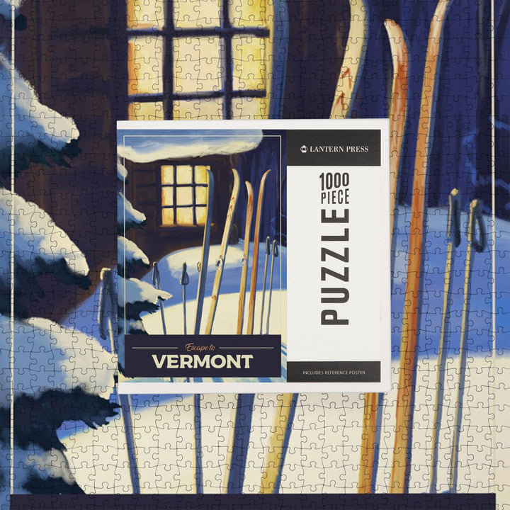 Vermont, Skis Outside Cabin, Jigsaw Puzzle Puzzle Lantern Press 