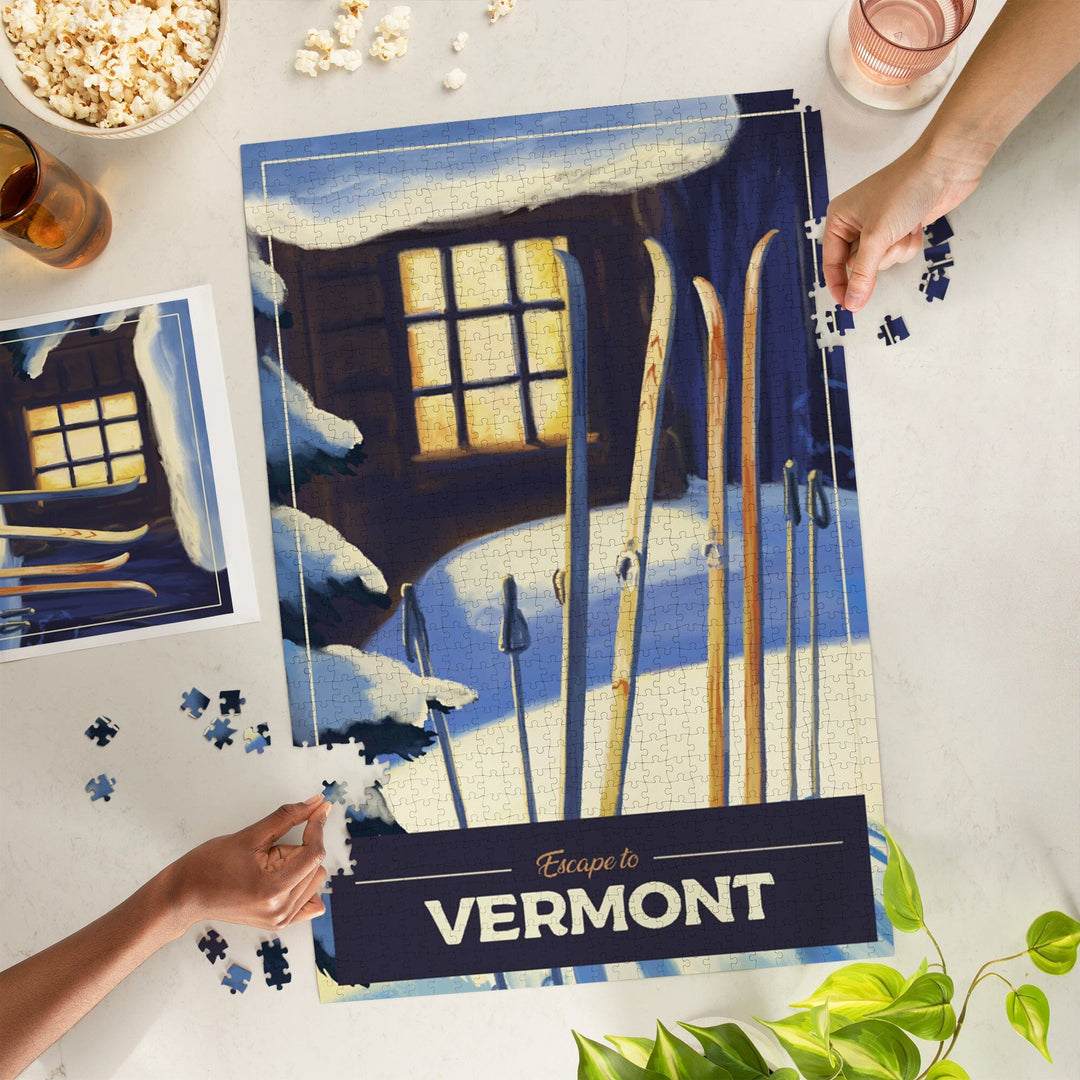 Vermont, Skis Outside Cabin, Jigsaw Puzzle Puzzle Lantern Press 