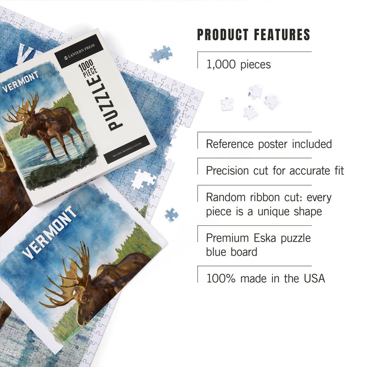 Vermont, Watercolor Study, Moose, Jigsaw Puzzle Puzzle Lantern Press 