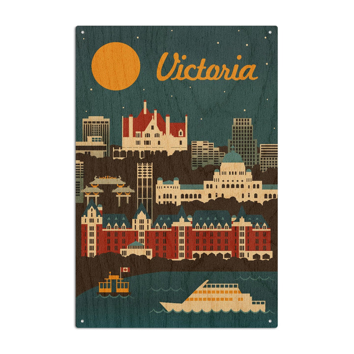 Victoria, British Columbia, Retro Skyline, Lantern Press Artwork, Wood Signs and Postcards Wood Lantern Press 10 x 15 Wood Sign 