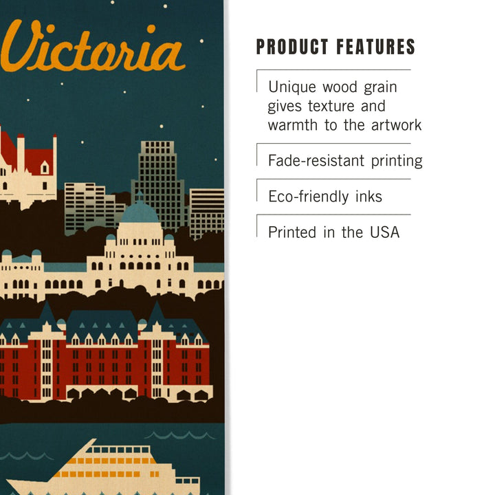 Victoria, British Columbia, Retro Skyline, Lantern Press Artwork, Wood Signs and Postcards Wood Lantern Press 