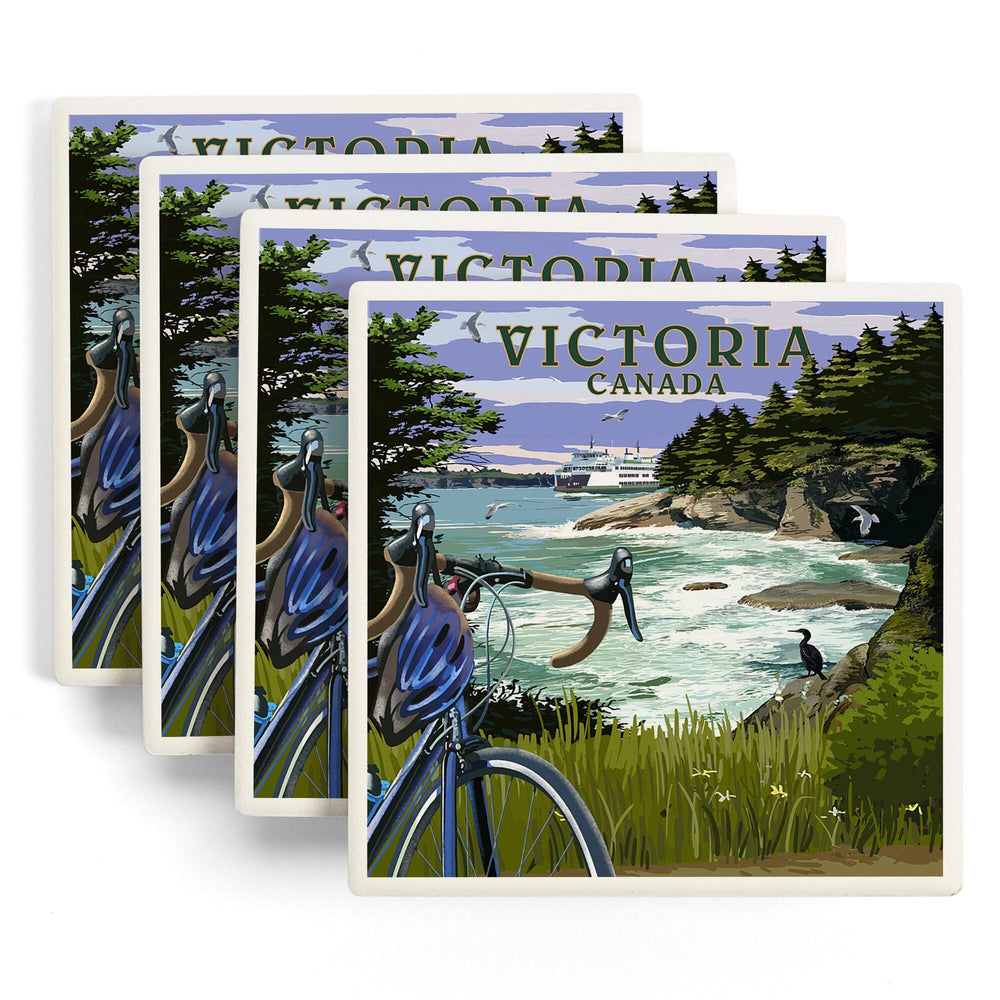 Victoria, Canada, Painterly, Coastal Scene, Bike and Ferry, Coasters Coasters Lantern Press 