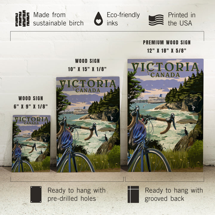 Victoria, Canada, Painterly, Coastal Scene, Bike and Ferry, Wood Signs and Postcards Wood Lantern Press 