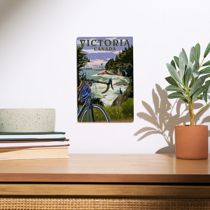 Victoria, Canada, Painterly, Coastal Scene, Bike and Ferry, Wood Signs and Postcards Wood Lantern Press 