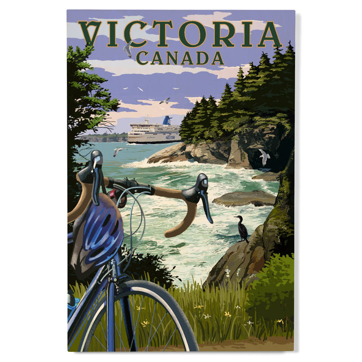 Victoria, Canada, Painterly, Coastal Scene, Bike and Ferry, Wood Signs and Postcards Wood Lantern Press 