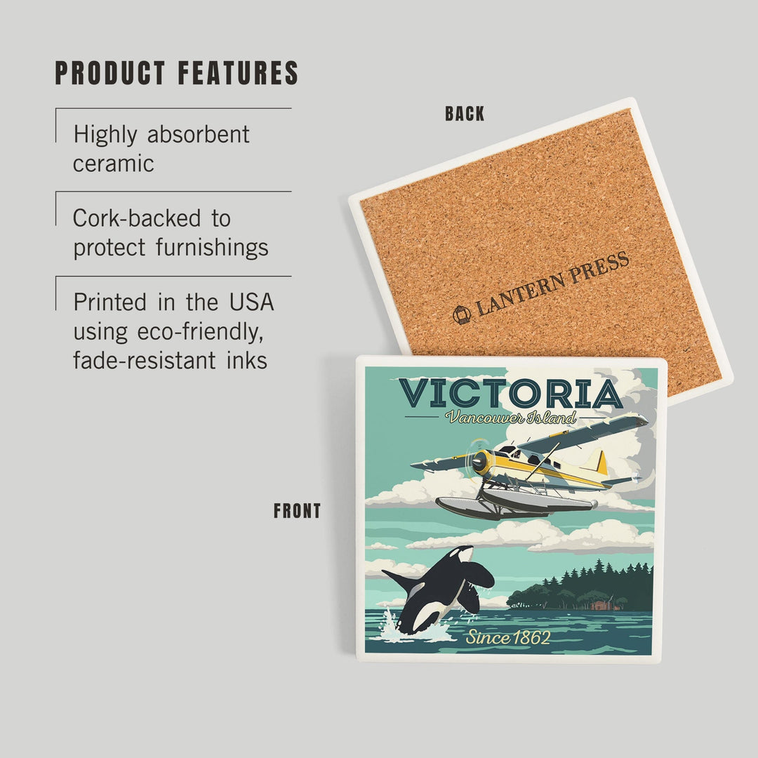 Victoria, Vancouver Island, Painterly, Float Plane and Orca, Coasters Coasters Lantern Press 
