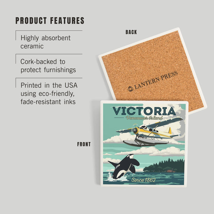 Victoria, Vancouver Island, Painterly, Float Plane and Orca, Coasters Coasters Lantern Press 