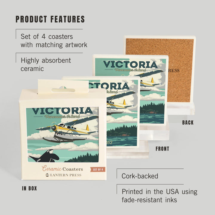 Victoria, Vancouver Island, Painterly, Float Plane and Orca, Coasters Coasters Lantern Press 