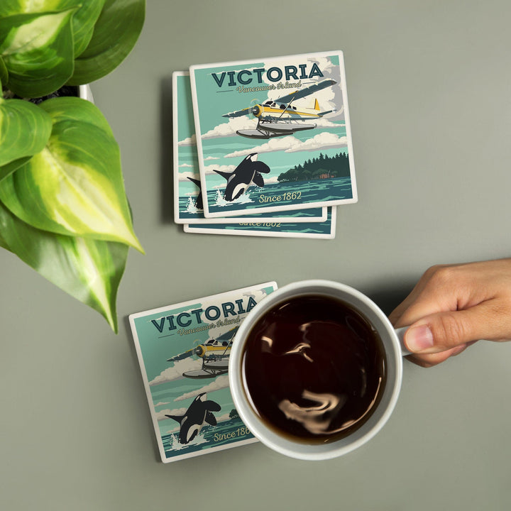 Victoria, Vancouver Island, Painterly, Float Plane and Orca, Coasters Coasters Lantern Press 