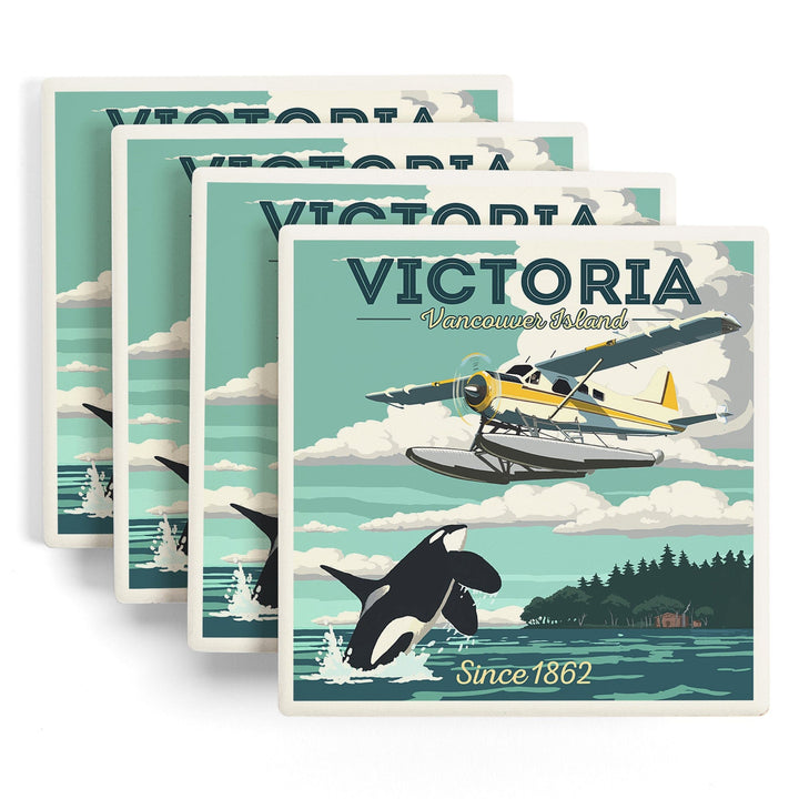Victoria, Vancouver Island, Painterly, Float Plane and Orca, Coasters Coasters Lantern Press 