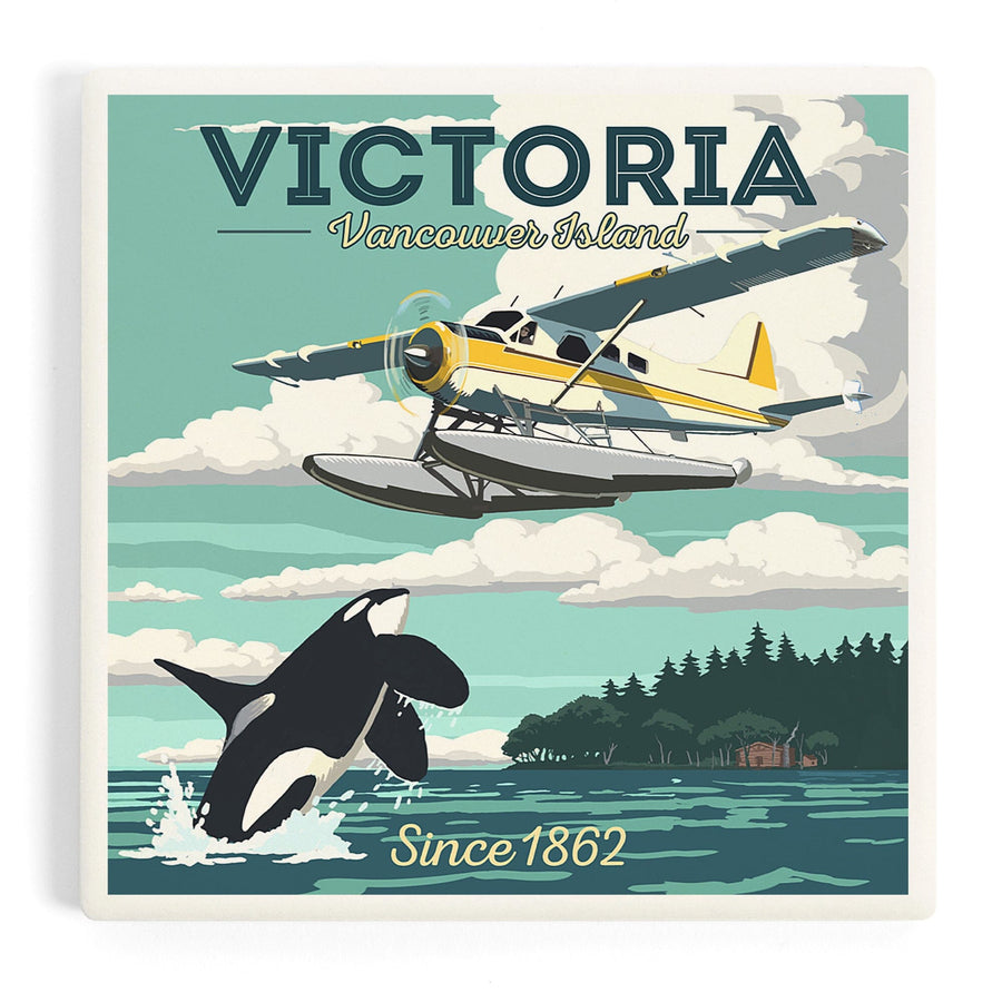 Victoria, Vancouver Island, Painterly, Float Plane and Orca, Coasters Coasters Lantern Press 